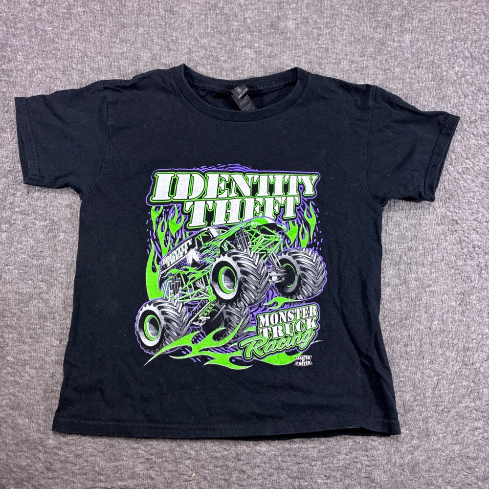 Gildan T-Shirt Kids Small Black Identity Theft Monster Truck Racing Graphic
